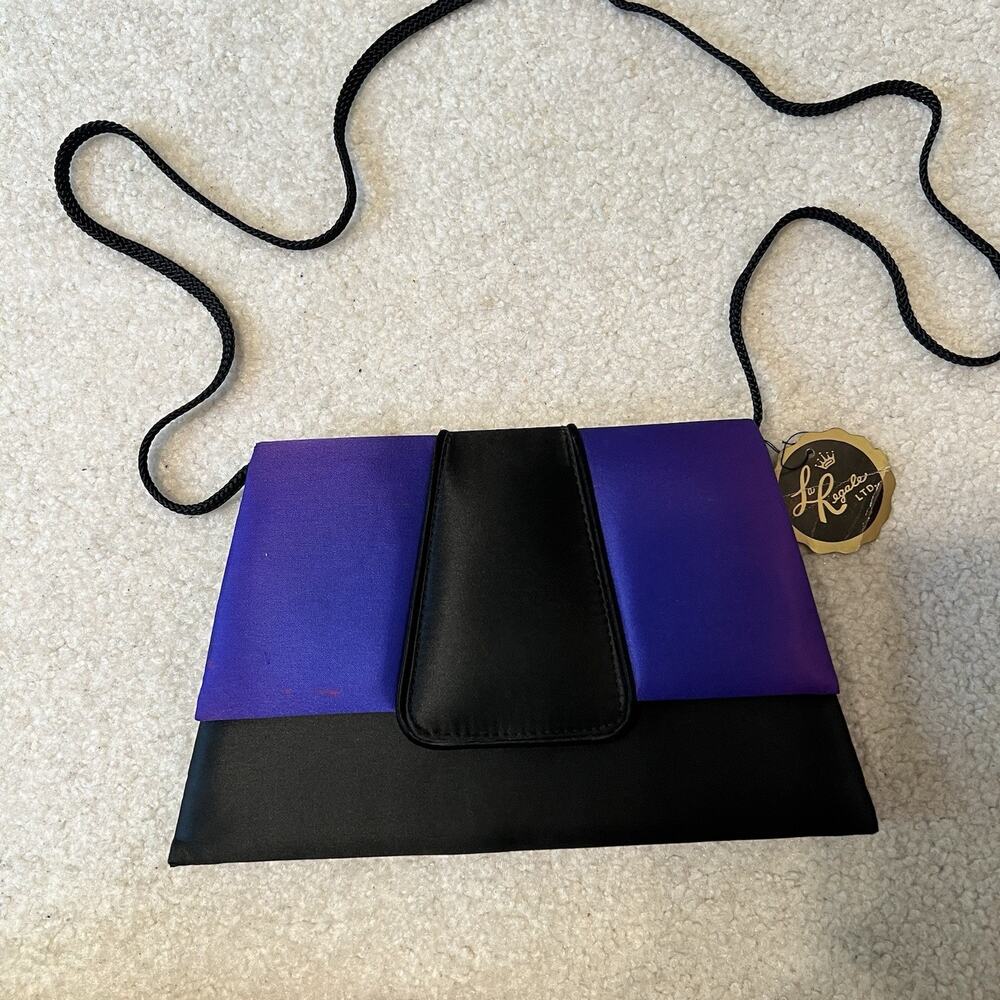 Vintage 80 90s La Regale Clutch Purse Black Purple Satin Chain Strap Evening Bag